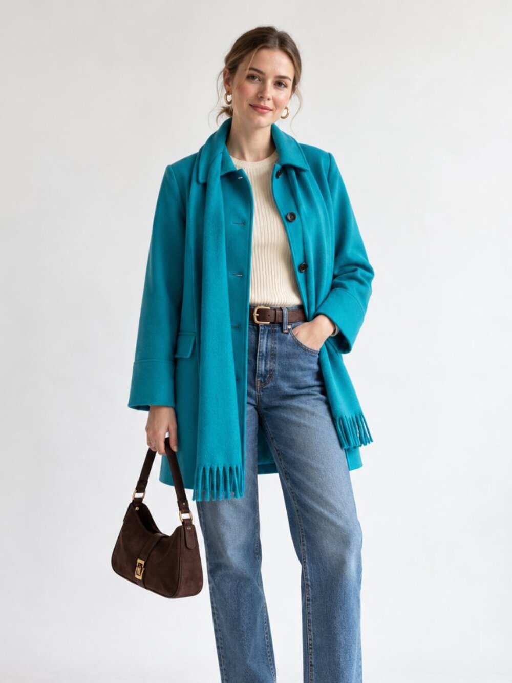 Harvé Benard Turquoise Wool Blend Coat Matching Scarf Best Fit Small / 6